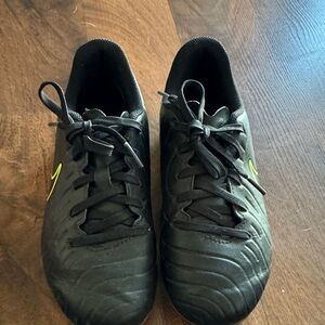 Nike Kids Black Athletic Soccer Shoes with Yellow Swoosh